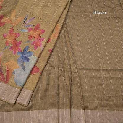 Raw Silk Light Mehandi Green Thread Checks With Floral Printed Saree