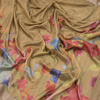 Raw Silk Light Mehandi Green Thread Checks With Floral Printed Saree