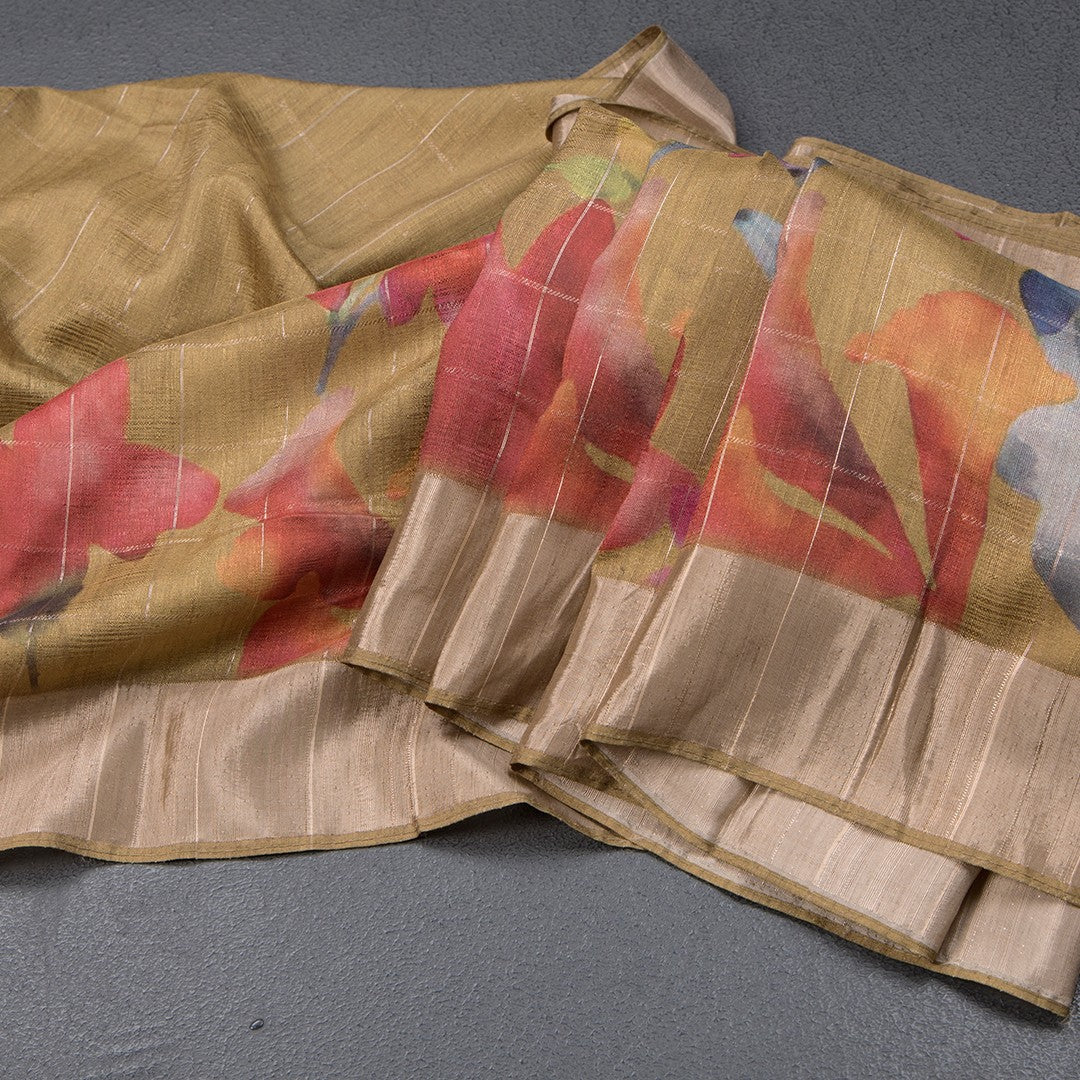 Raw Silk Light Mehandi Green Thread Checks With Floral Printed Saree