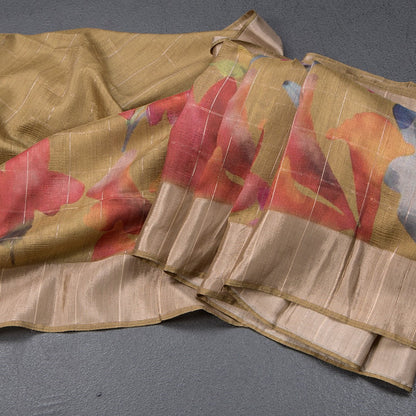 Raw Silk Light Mehandi Green Thread Checks With Floral Printed Saree