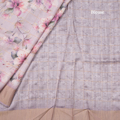 Raw Silk Light Onion Pink Thread Checks With Floral Printed Saree