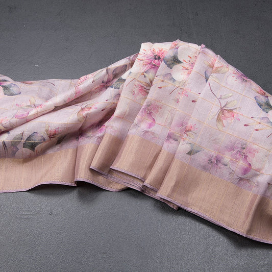Raw Silk Light Onion Pink Thread Checks With Floral Printed Saree