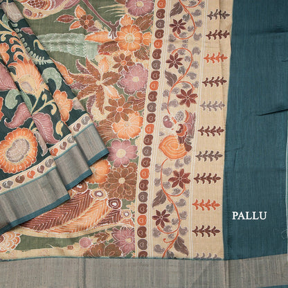 Tussar Dark Green Floral Printed Saree