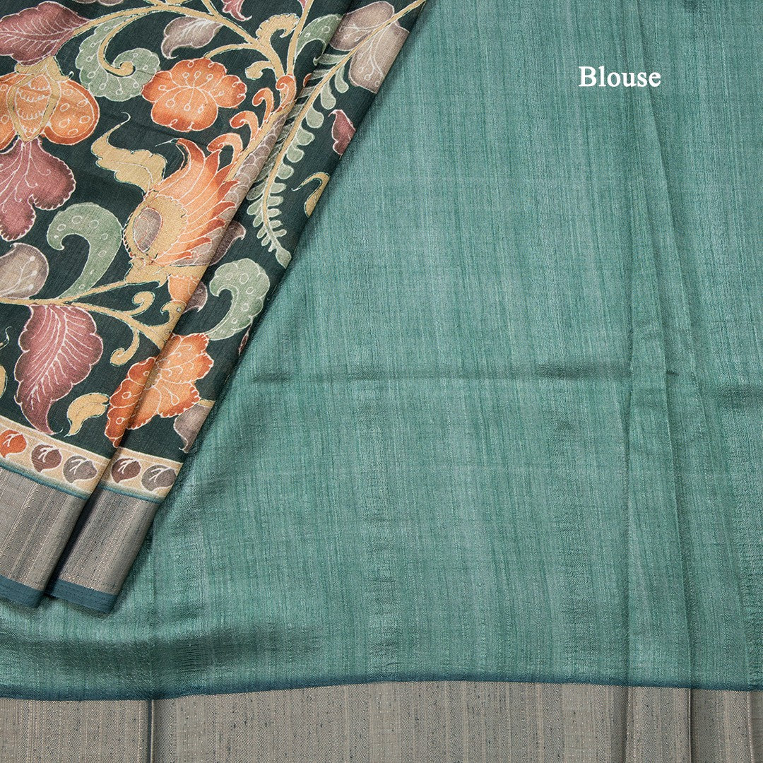 Tussar Dark Green Floral Printed Saree