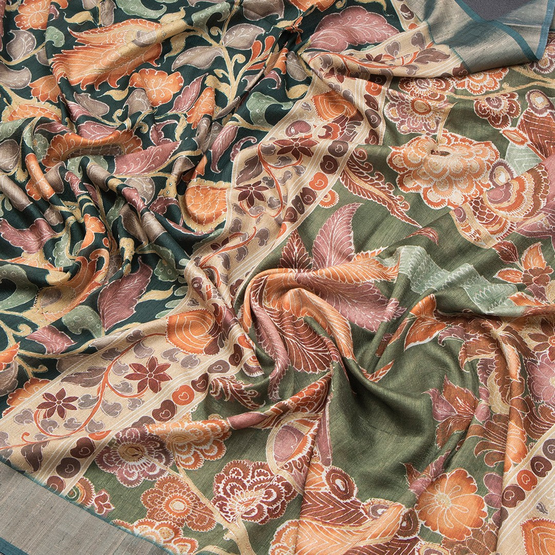 Tussar Dark Green Floral Printed Saree