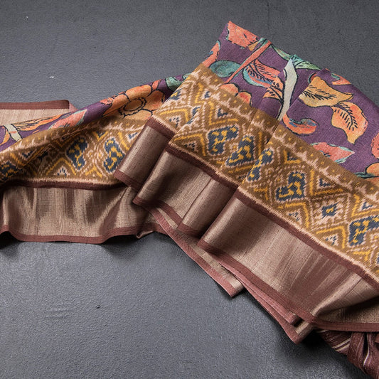 Tussar Dark Purple Floral Printed Saree