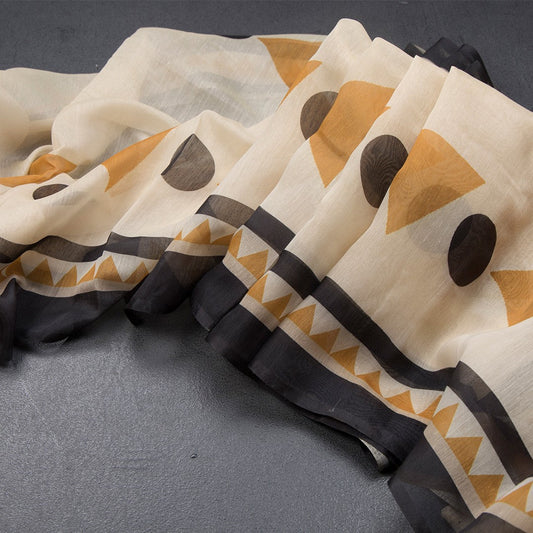 Semi Linen Cream Geometric Printed Saree