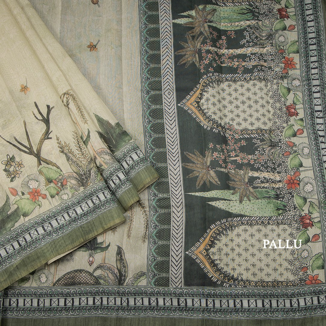 Semi Linen Pista Green Printed Saree