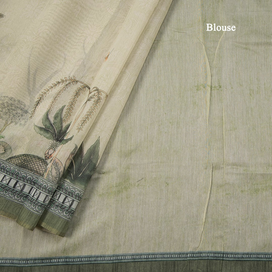 Semi Linen Pista Green Printed Saree