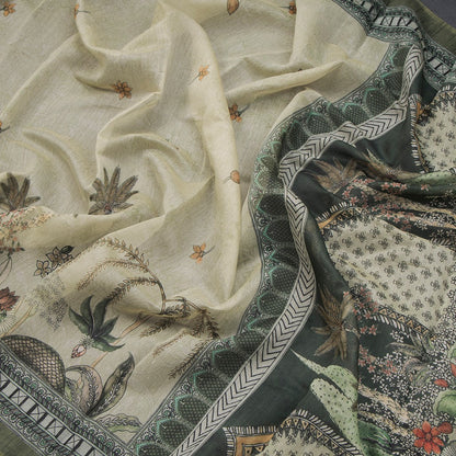 Semi Linen Pista Green Printed Saree