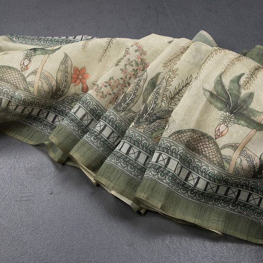 Semi Linen Pista Green Printed Saree