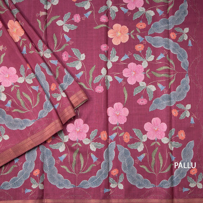 Tussar Dark Pink Floral Printed Saree 02