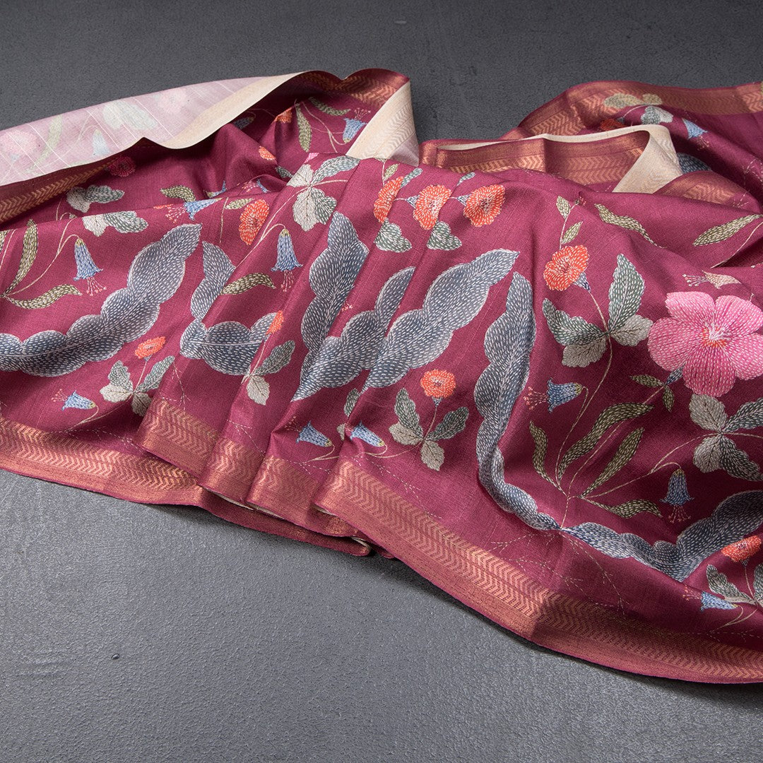 Tussar Dark Pink Floral Printed Saree 02