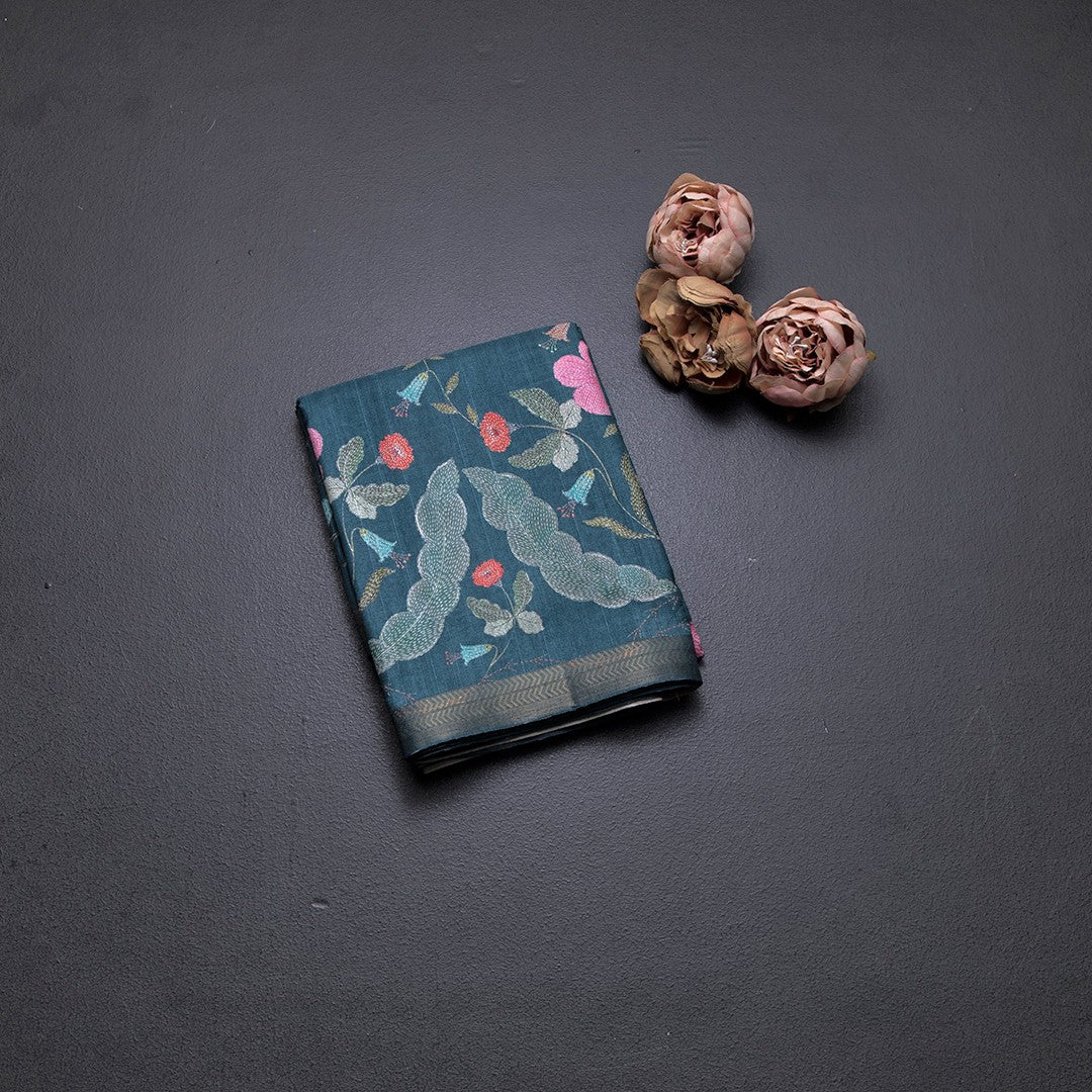 Tussar Teal Blue Floral Printed Saree