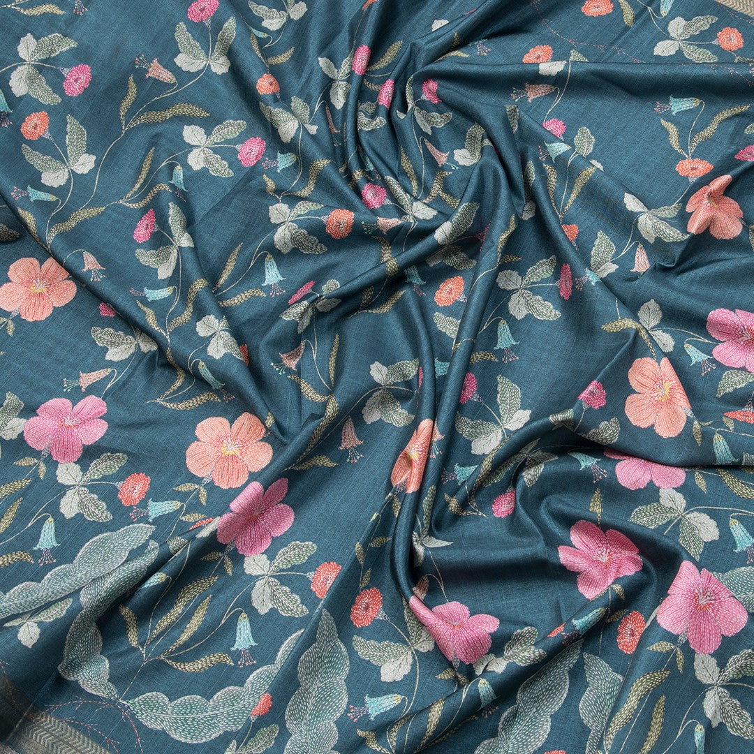 Tussar Teal Blue Floral Printed Saree