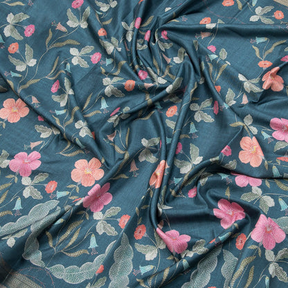 Tussar Teal Blue Floral Printed Saree