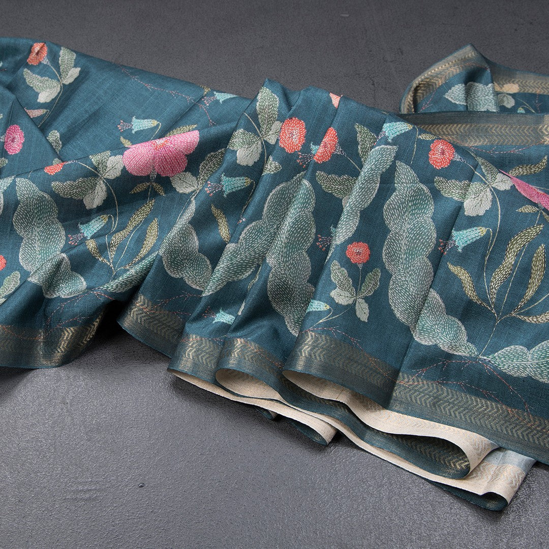 Tussar Teal Blue Floral Printed Saree