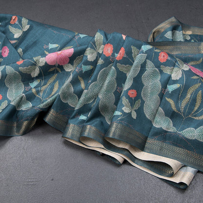 Tussar Teal Blue Floral Printed Saree