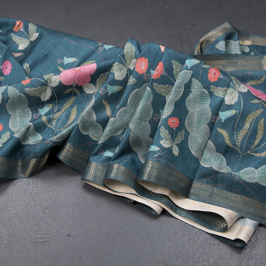 Tussar Teal Blue Floral Printed Saree