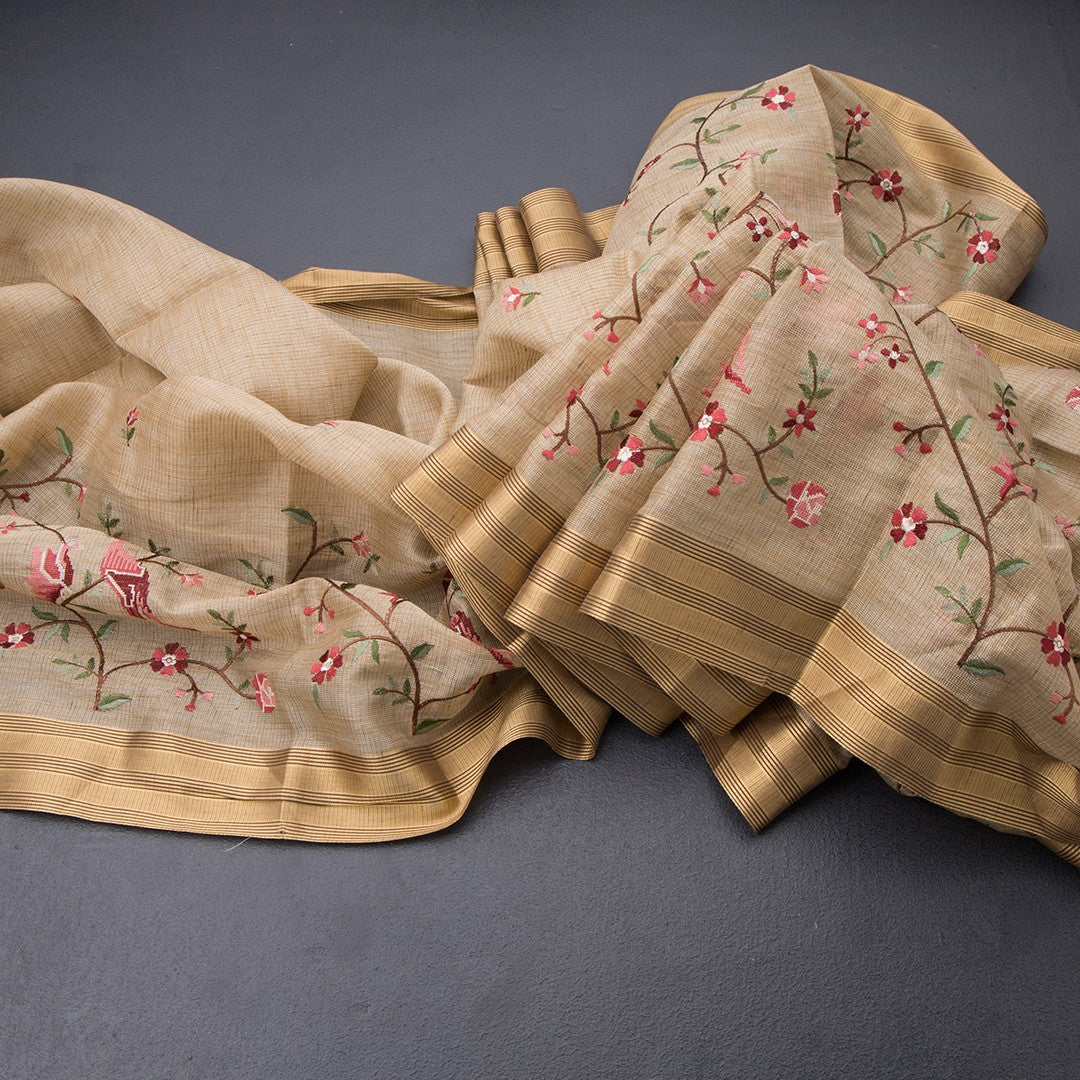 Semi Linen Cream Floral Thread Work Saree