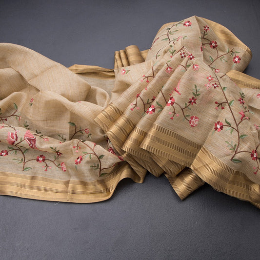 Semi Linen Cream Floral Thread Work Saree