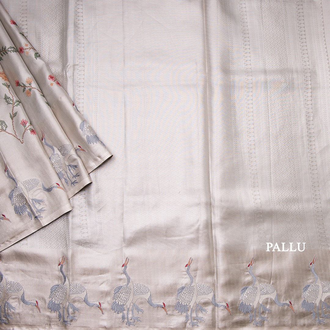 Fancy Silk Cream Traditional Thread Work Saree 02