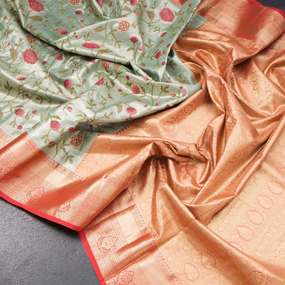 Fancy Silk Green Stylish Thread Work Saree With Zari Border