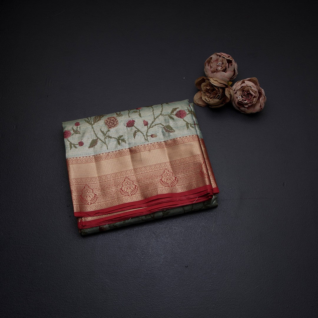 Fancy Silk Green Stylish Thread Work Saree With Zari Border