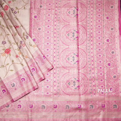 Fancy Silk Light Brown Stylish Thread Work Saree With Zari Border