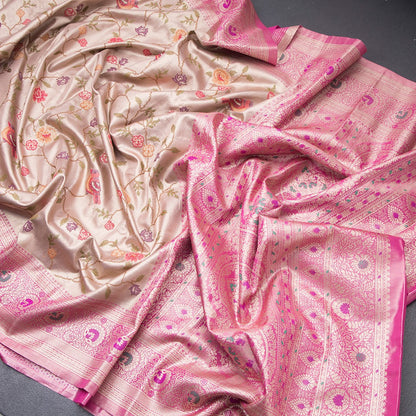 Fancy Silk Light Brown Stylish Thread Work Saree With Zari Border