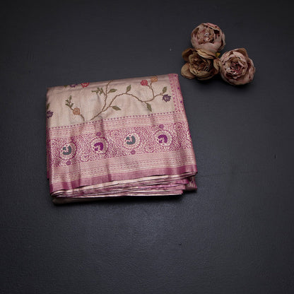 Fancy Silk Light Brown Stylish Thread Work Saree With Zari Border