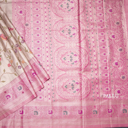 Fancy Silk Light Brown Stylish Thread Work Saree With Zari Border 02