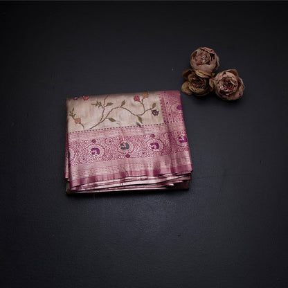 Fancy Silk Light Brown Stylish Thread Work Saree With Zari Border 02