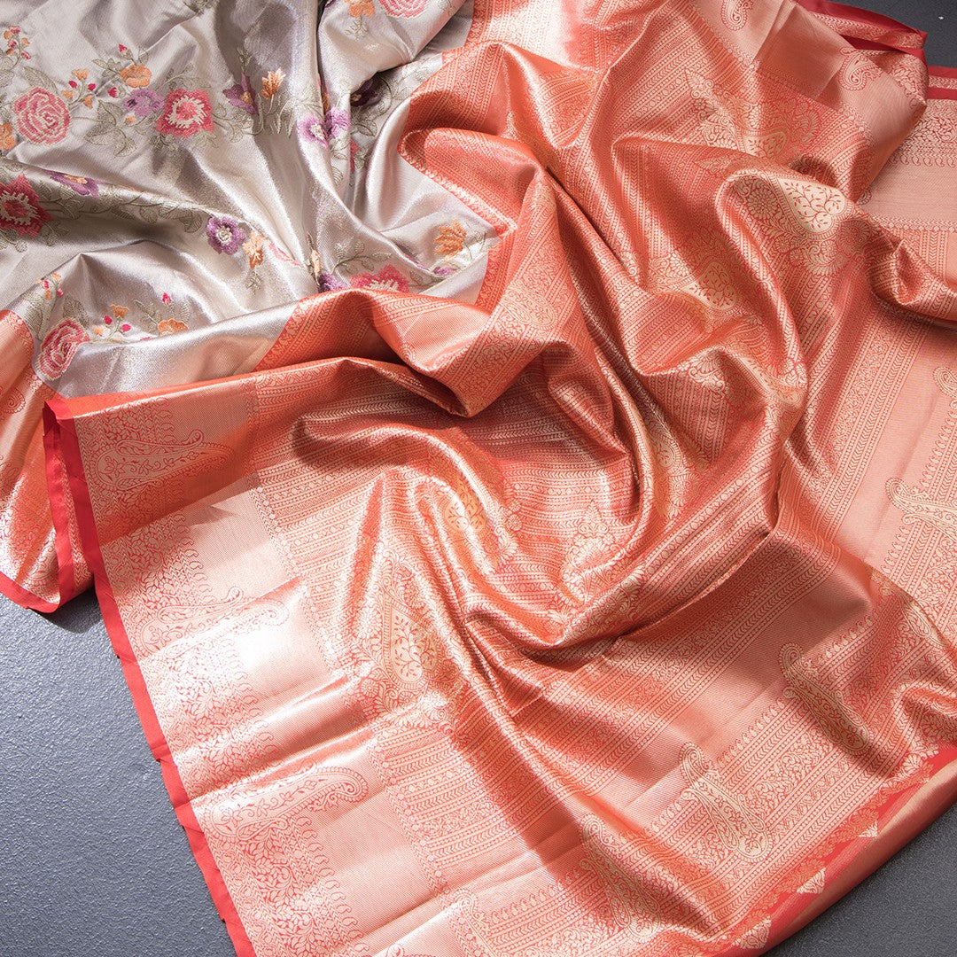 Fancy Silk Grey Stylish Thread Work Saree With Zari Border