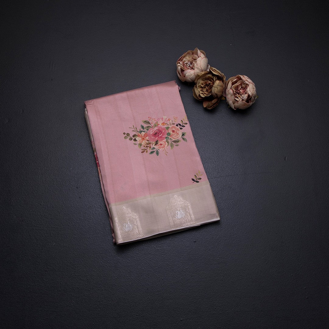 Satin Silk Light Peach Floral Printed Saree With Zari Border