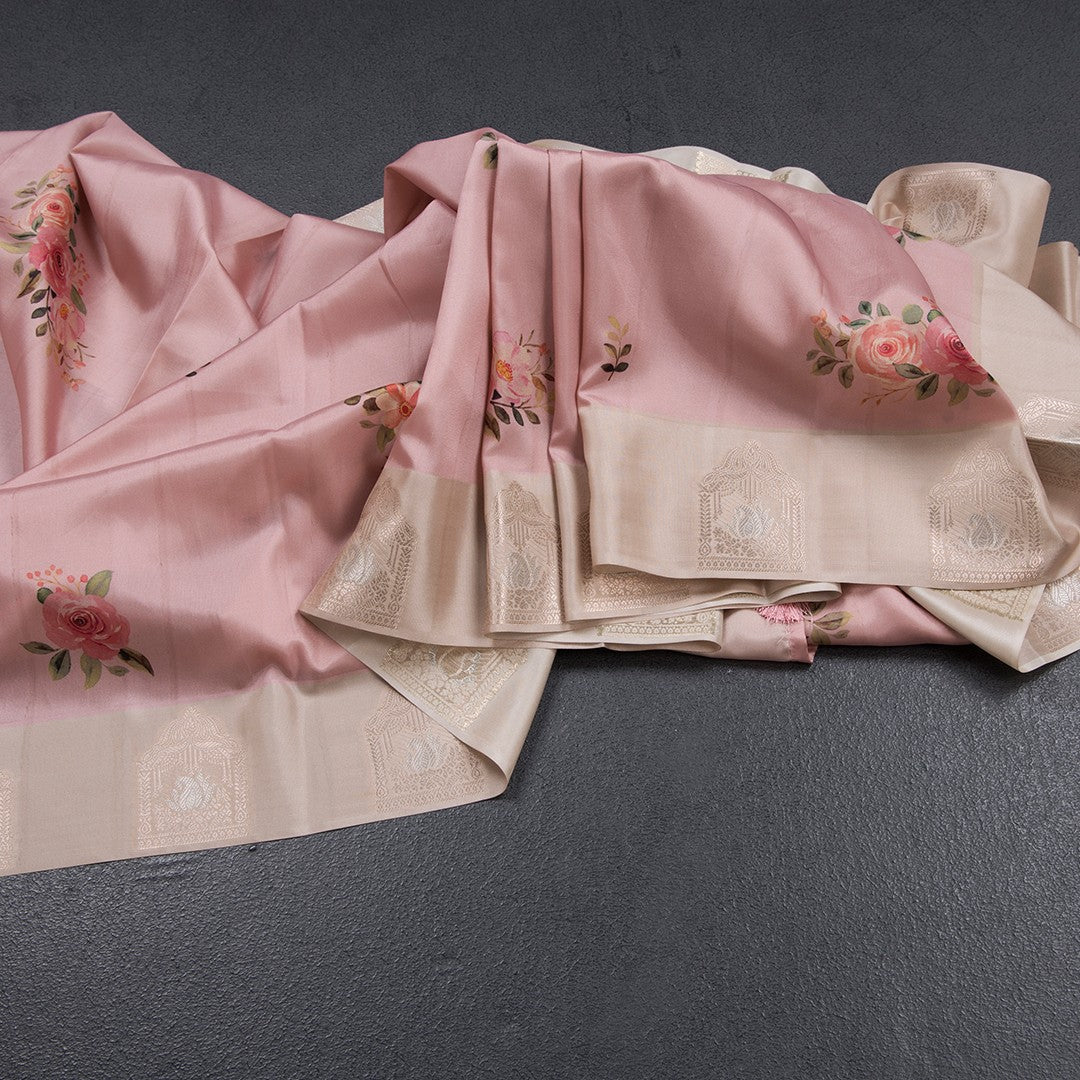Satin Silk Light Peach Floral Printed Saree With Zari Border