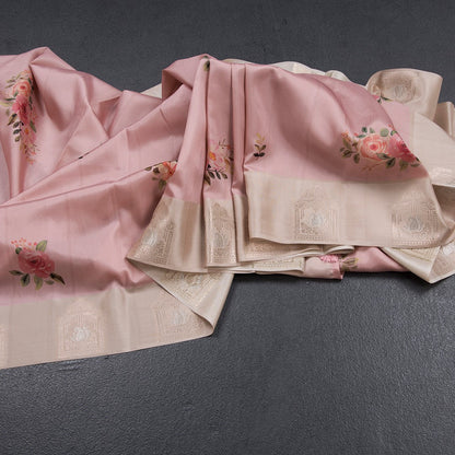 Satin Silk Light Peach Floral Printed Saree With Zari Border
