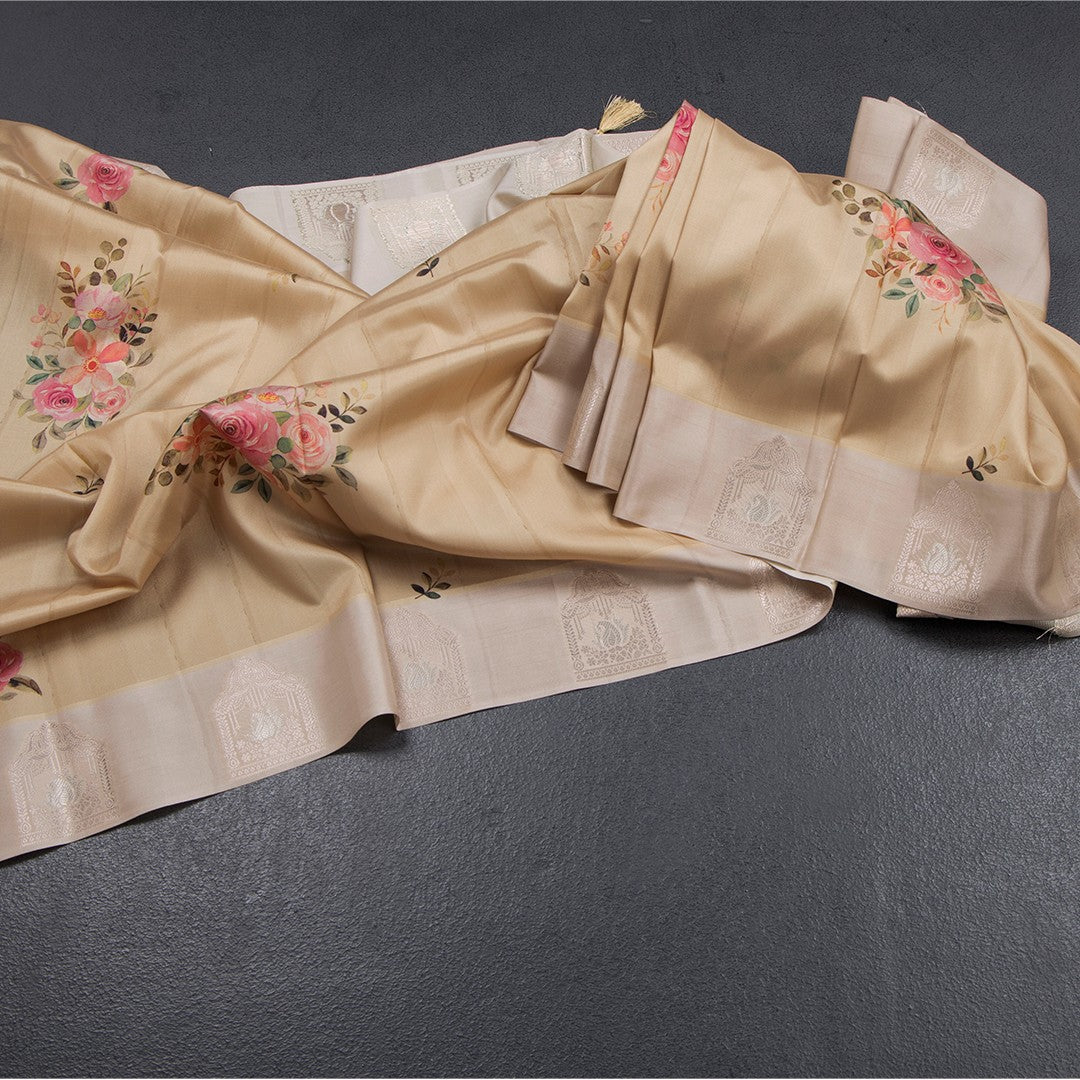 Satin Silk Sandal Floral Printed Saree With Zari Border