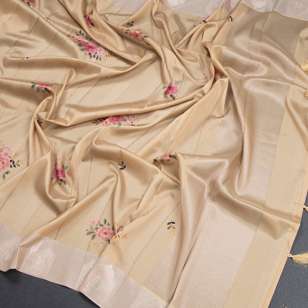 Satin Silk Sandal Floral Printed Saree With Zari Border