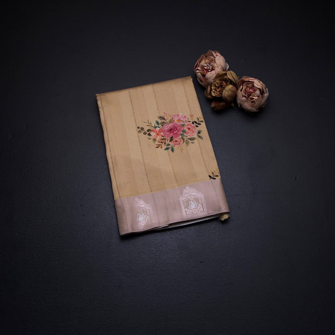 Satin Silk Sandal Floral Printed Saree With Zari Border