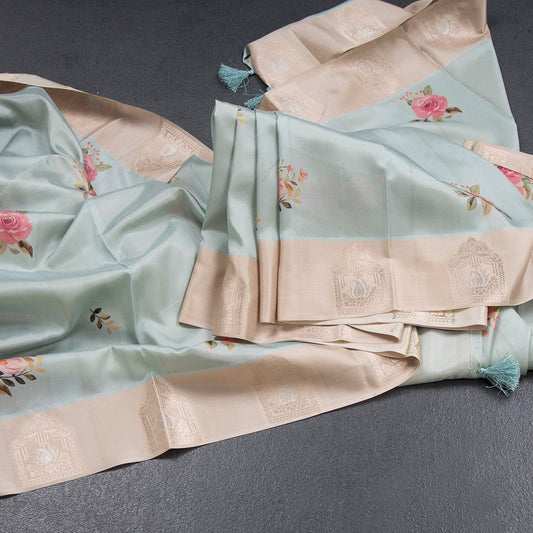 Satin Silk Light Pista Green Floral Printed Saree With Zari Border