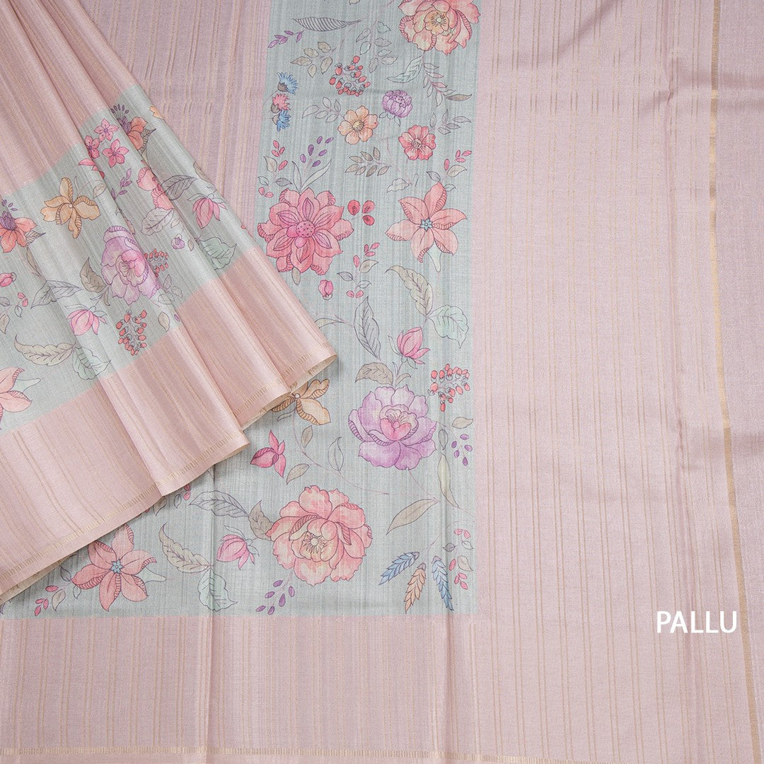 Tussar Light Brown Borderless Saree With Zari Stripes And Printed Design