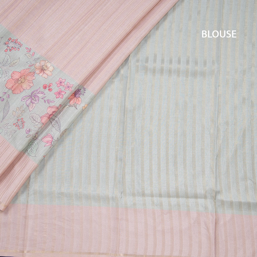 Tussar Light Brown Borderless Saree With Zari Stripes And Printed Design