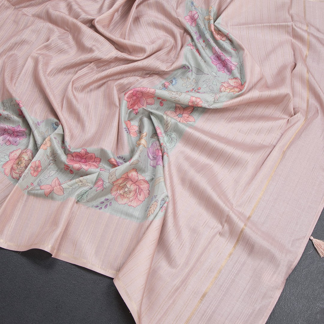 Tussar Light Brown Borderless Saree With Zari Stripes And Printed Design