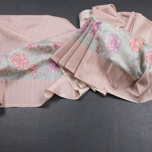 Tussar Light Brown Borderless Saree With Zari Stripes And Printed Design