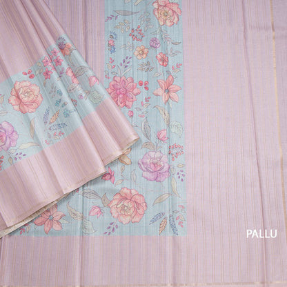 Tussar Onion Pink Borderless Saree With Zari Stripes And Printed Design