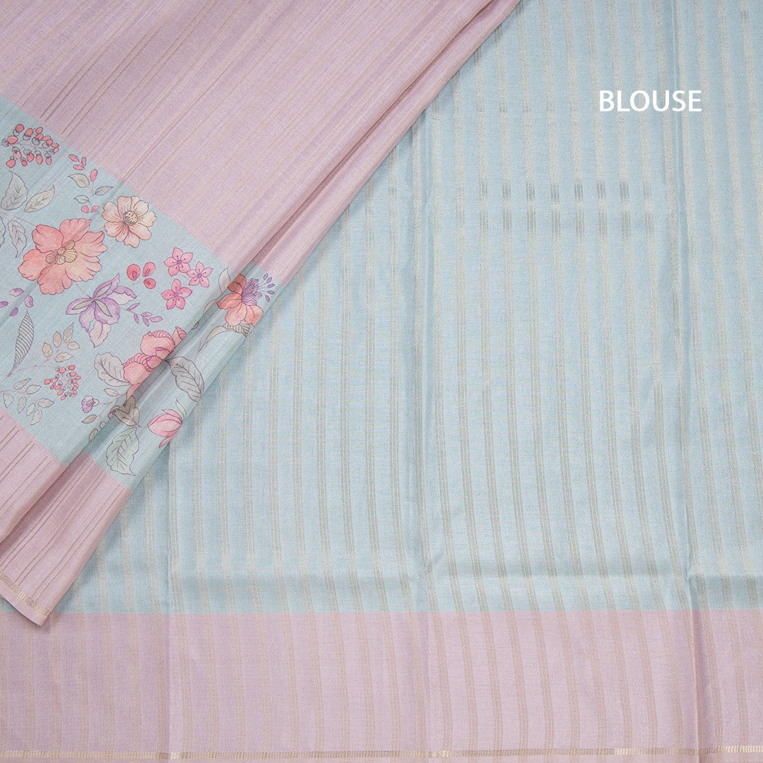 Tussar Onion Pink Borderless Saree With Zari Stripes And Printed Design
