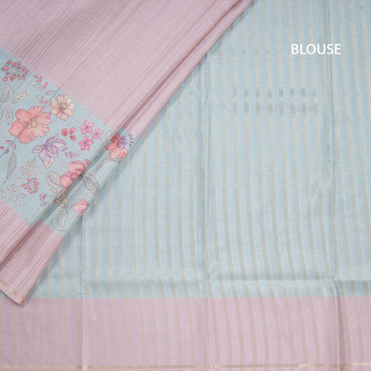 Tussar Onion Pink Borderless Saree With Zari Stripes And Printed Design