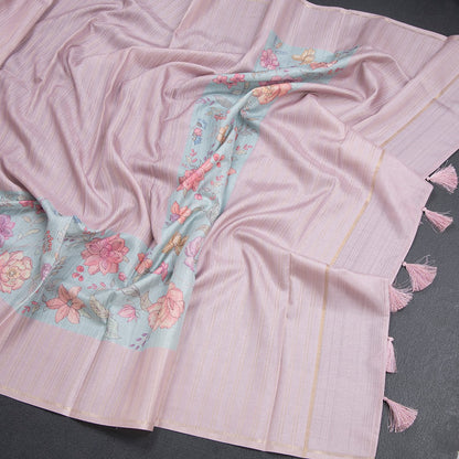 Tussar Onion Pink Borderless Saree With Zari Stripes And Printed Design