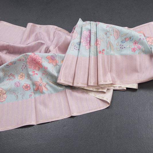 Tussar Onion Pink Borderless Saree With Zari Stripes And Printed Design